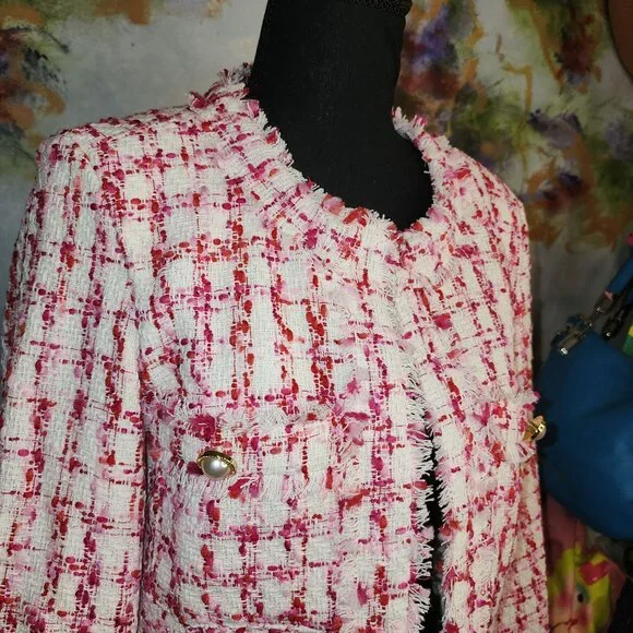 Nanette Lepore Women's Tweed Jacket Pearl Button Accents Fringe Details Size 6 - Picture 4 of 11